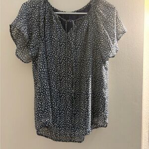 Women's Navy Blue Printed Flutter Sleeve Blouse